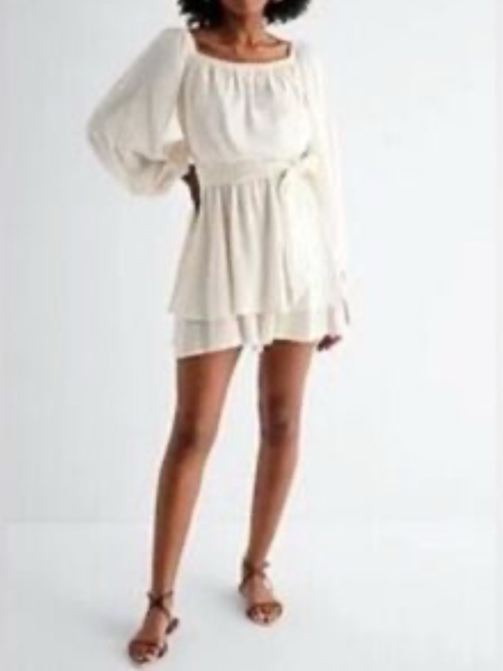Express Size M Cream Romper with Long Peasant Sleeves and Tie Waist